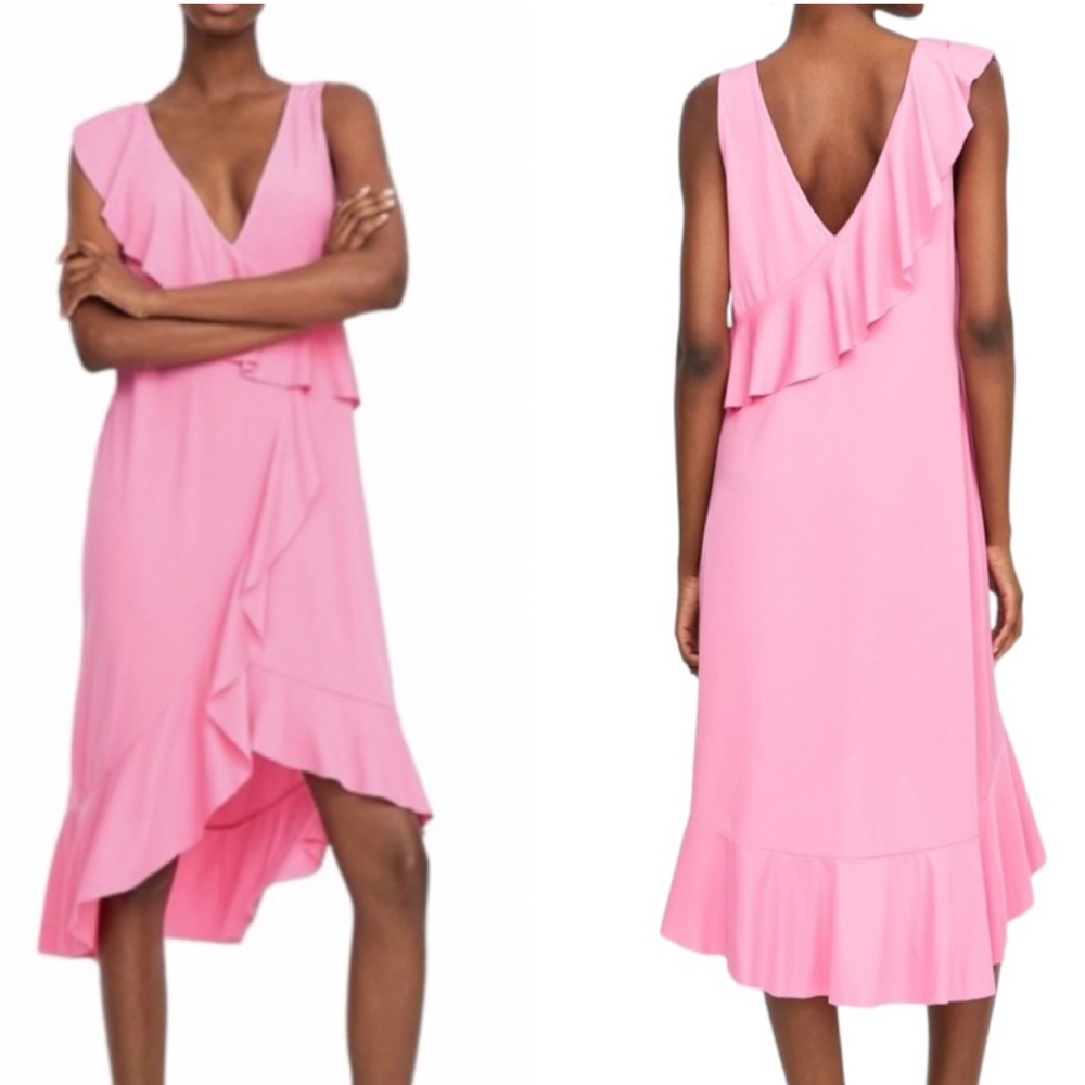 Zara Pink Ruffle Asymmetrical Ribbed Knit Midi Dress - L